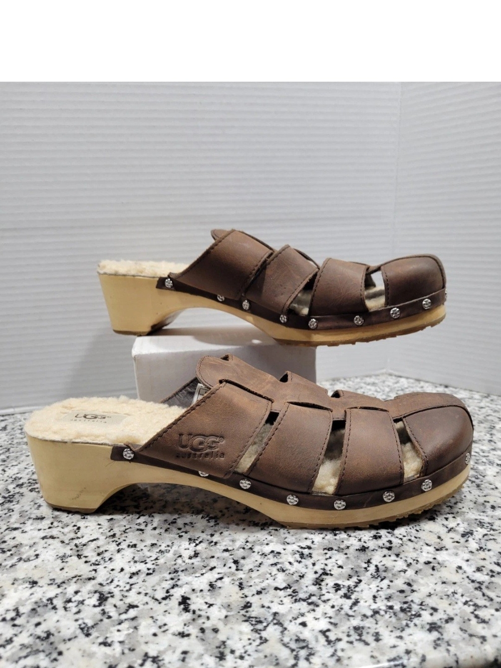 UGG Brown Leather Shearling-Trim Clog Mules